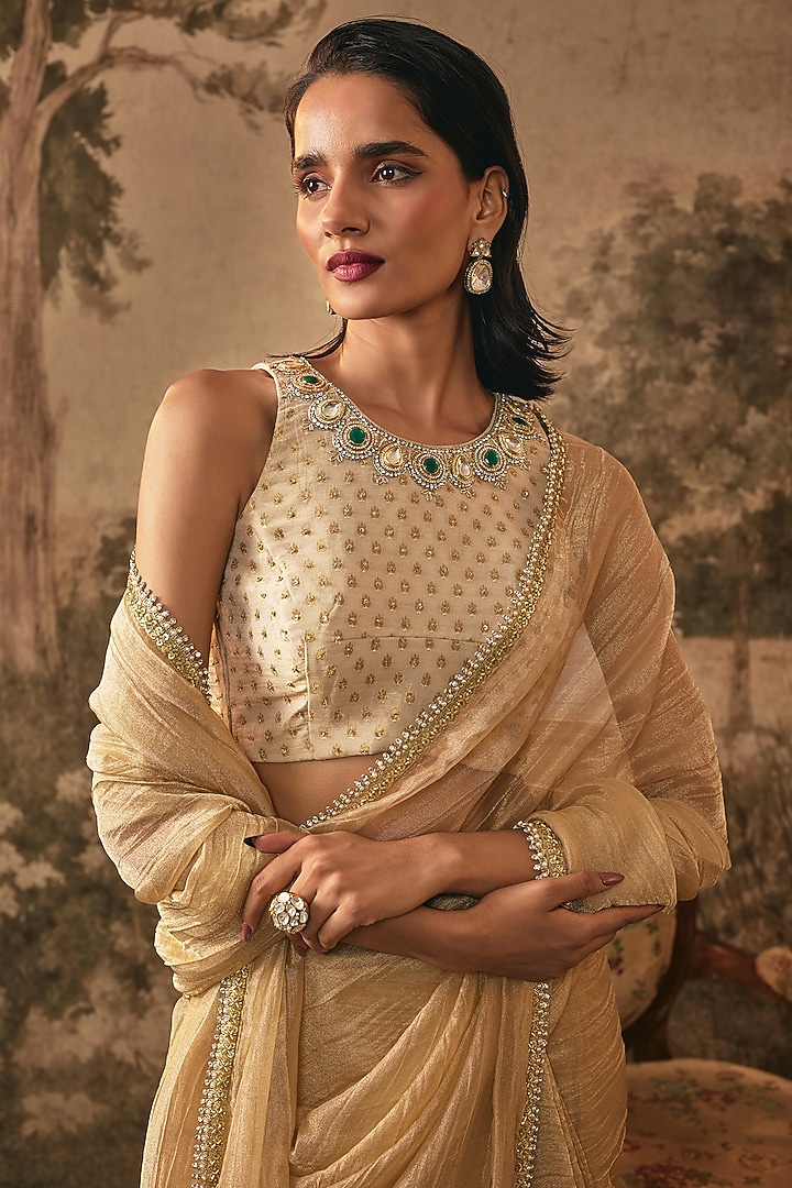 Champagne Gold Jacquard Tissue Sequins Embellished Wedding Saree Set by VANA ETHNICS at Pernia's Pop Up Shop