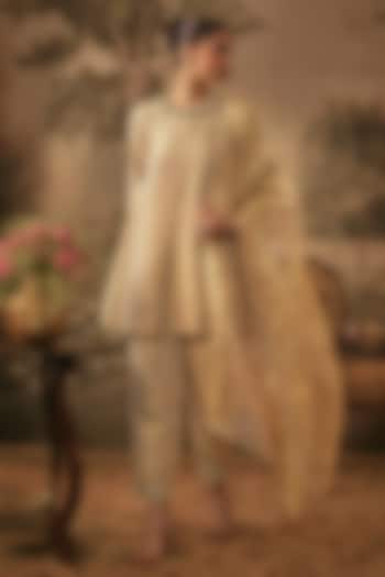 Champagne Gold Jacquard Tissue Embellished A-Line Kurta Set by VANA ETHNICS at Pernia's Pop Up Shop