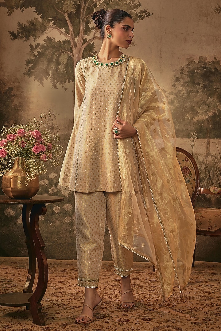Champagne Gold Jacquard Tissue Embellished A-Line Kurta Set by VANA ETHNICS at Pernia's Pop Up Shop
