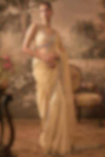 Champagne Gold Jacquard Tissue Beads Embellished Pre-Pleated Saree Set by VANA ETHNICS at Pernia's Pop Up Shop