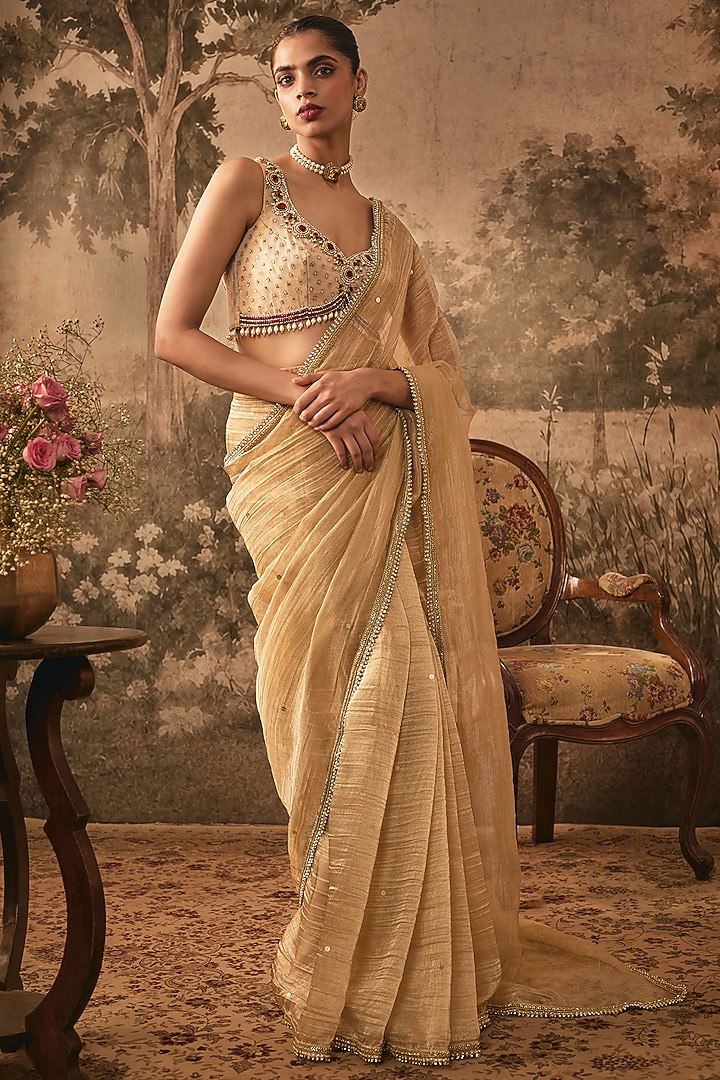Champagne Gold Jacquard Tissue Beads Embellished Pre-Pleated Saree Set by VANA ETHNICS at Pernia's Pop Up Shop
