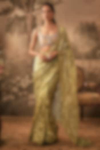 Ivory & Metallic Olive Banarasi Tissue Silk Wedding Saree Set by VANA ETHNICS at Pernia's Pop Up Shop