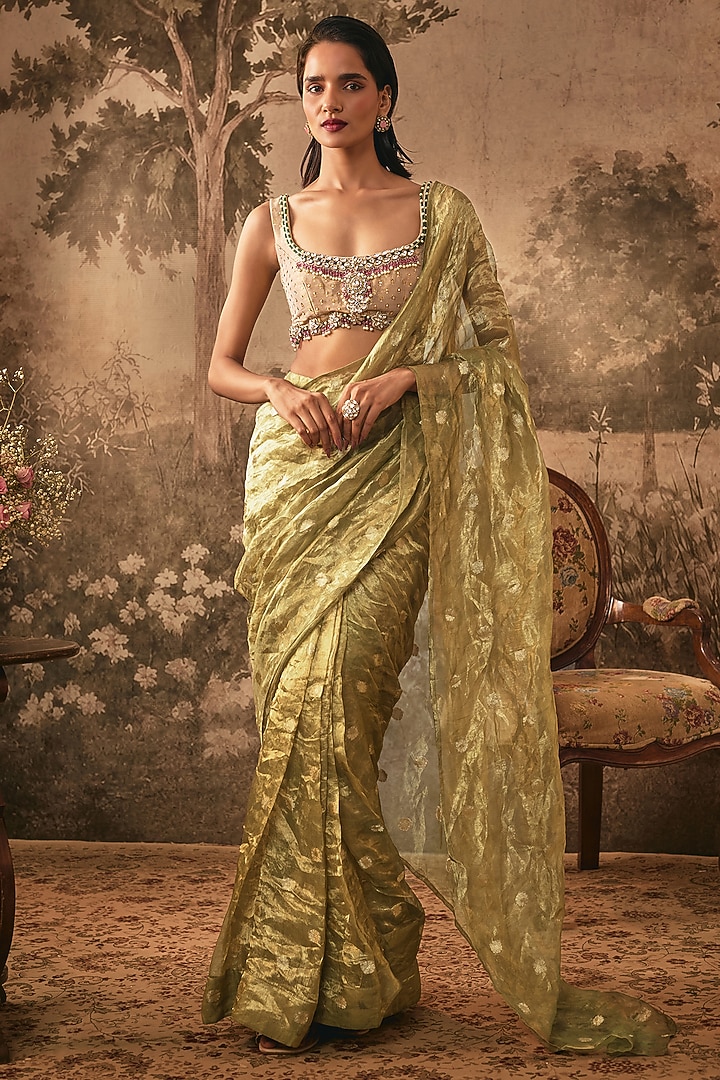 Ivory & Metallic Olive Banarasi Tissue Silk Wedding Saree Set by VANA ETHNICS at Pernia's Pop Up Shop
