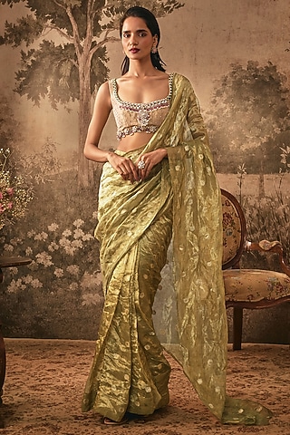 Ivory & Metallic Olive Banarasi Tissue Silk Pre-Draped Saree Set by VANA ETHNICS