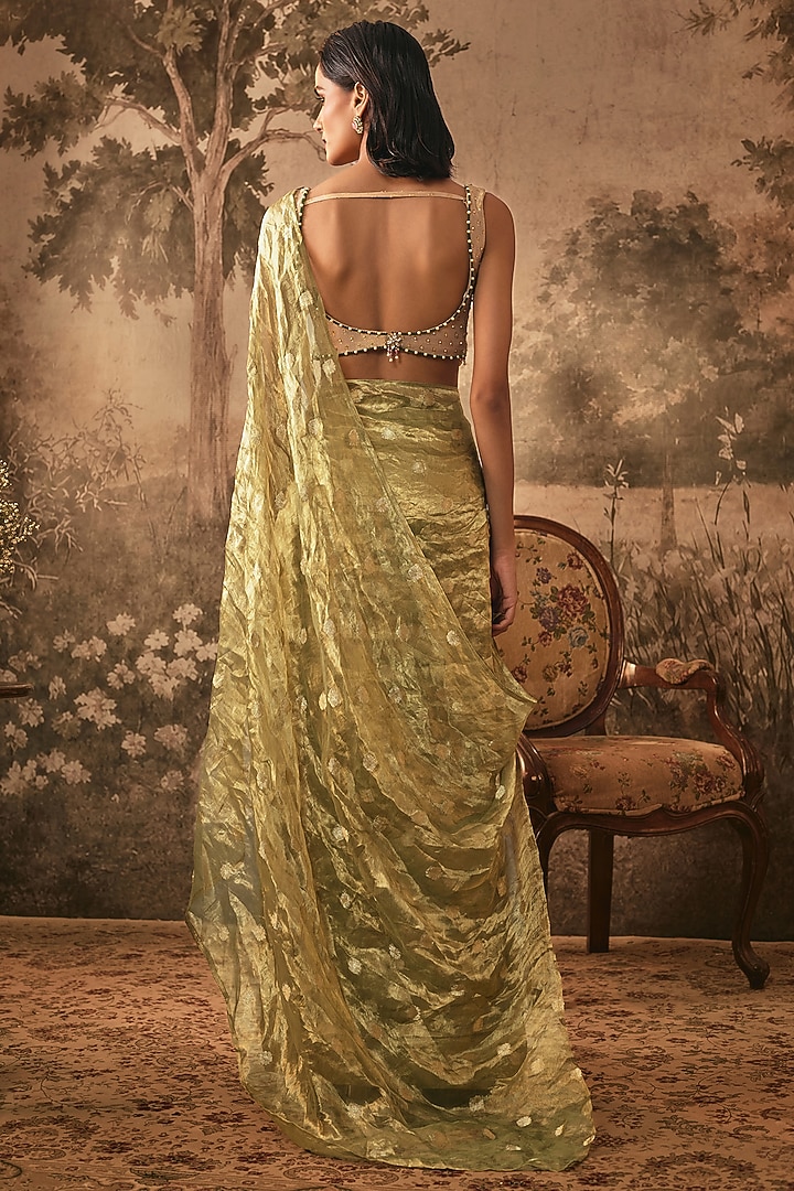 Ivory & Metallic Olive Banarasi Tissue Silk Wedding Saree Set by VANA ETHNICS at Pernia's Pop Up Shop