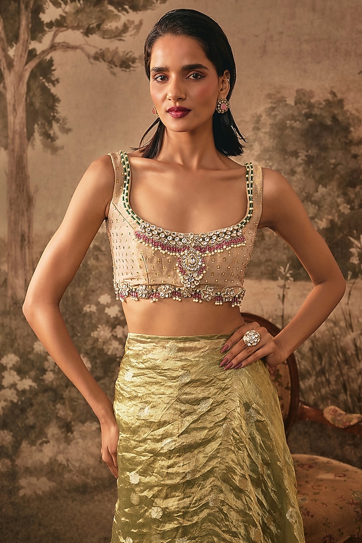 Ivory & Metallic Olive Banarasi Tissue Silk Wedding Saree Set by VANA ETHNICS at Pernia's Pop Up Shop