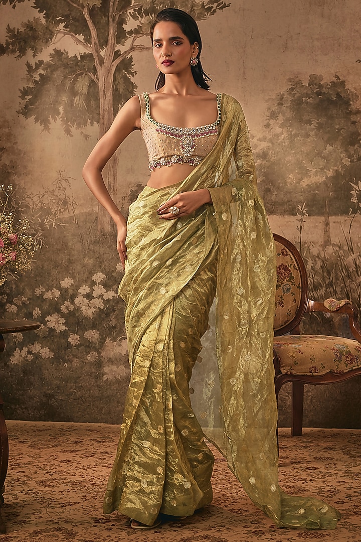 Ivory & Metallic Olive Banarasi Tissue Silk Wedding Saree Set by VANA ETHNICS at Pernia's Pop Up Shop