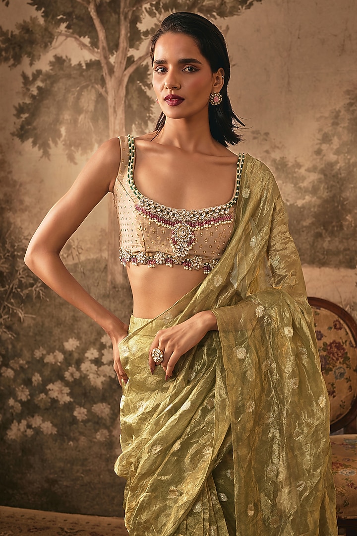 Ivory & Metallic Olive Banarasi Tissue Silk Wedding Saree Set by VANA ETHNICS at Pernia's Pop Up Shop