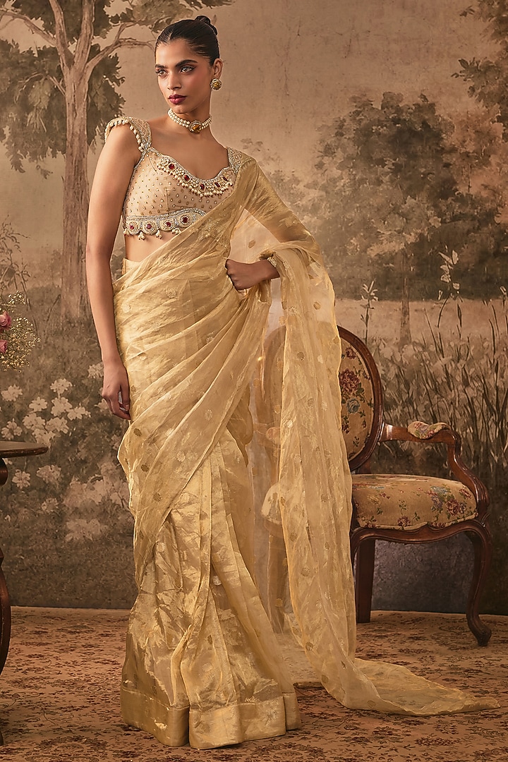 Champagne Gold Tissue Silk Pre-Draped Wedding Saree Set by VANA ETHNICS at Pernia's Pop Up Shop