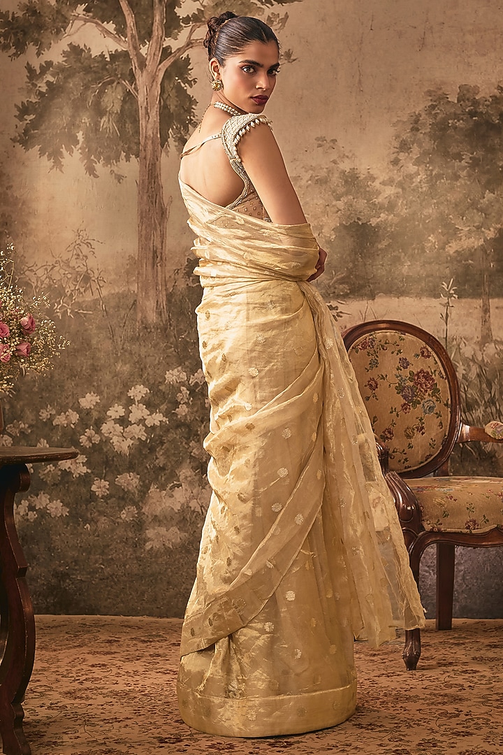 Champagne Gold Tissue Silk Pre-Draped Wedding Saree Set by VANA ETHNICS at Pernia's Pop Up Shop