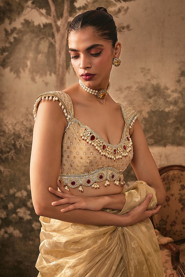 Champagne Gold Tissue Silk Pre-Draped Wedding Saree Set by VANA ETHNICS at Pernia's Pop Up Shop