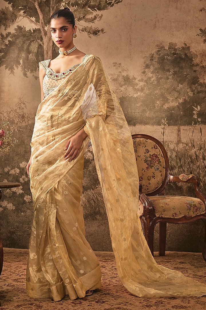 Champagne Gold Tissue Silk Pre-Draped Wedding Saree Set by VANA ETHNICS at Pernia's Pop Up Shop