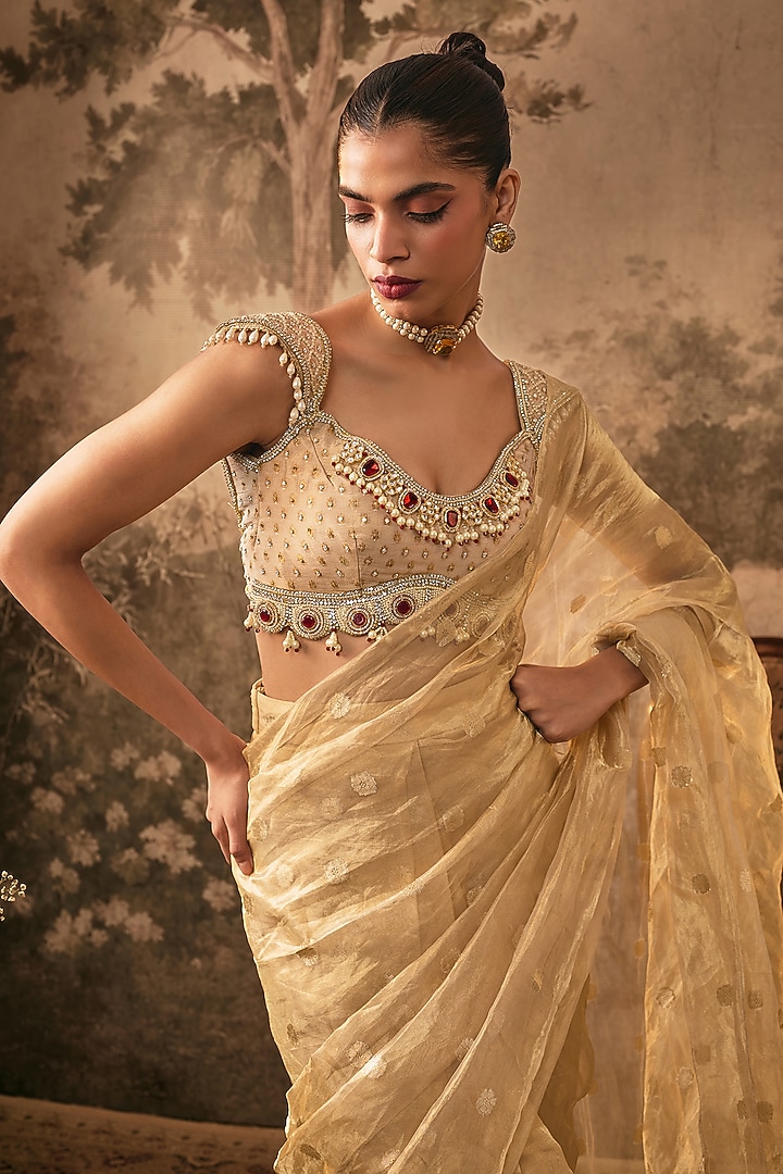Champagne Gold Tissue Silk Pre-Draped Wedding Saree Set by VANA ETHNICS at Pernia's Pop Up Shop