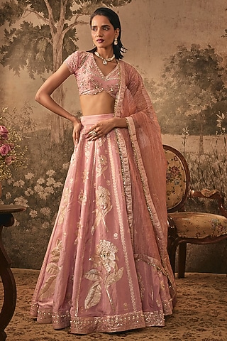 Blush Pink Banarasi Lehenga Set by VANA ETHNICS