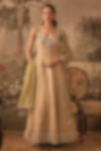 Muted Nude Jacquard Tissue Anarkali Set by VANA ETHNICS at Pernia's Pop Up Shop
