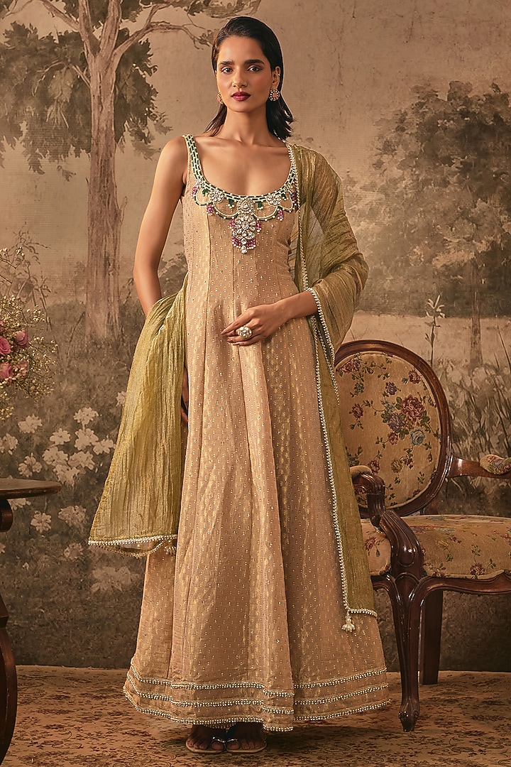 Muted Nude Jacquard Tissue Anarkali Set by VANA ETHNICS at Pernia's Pop Up Shop