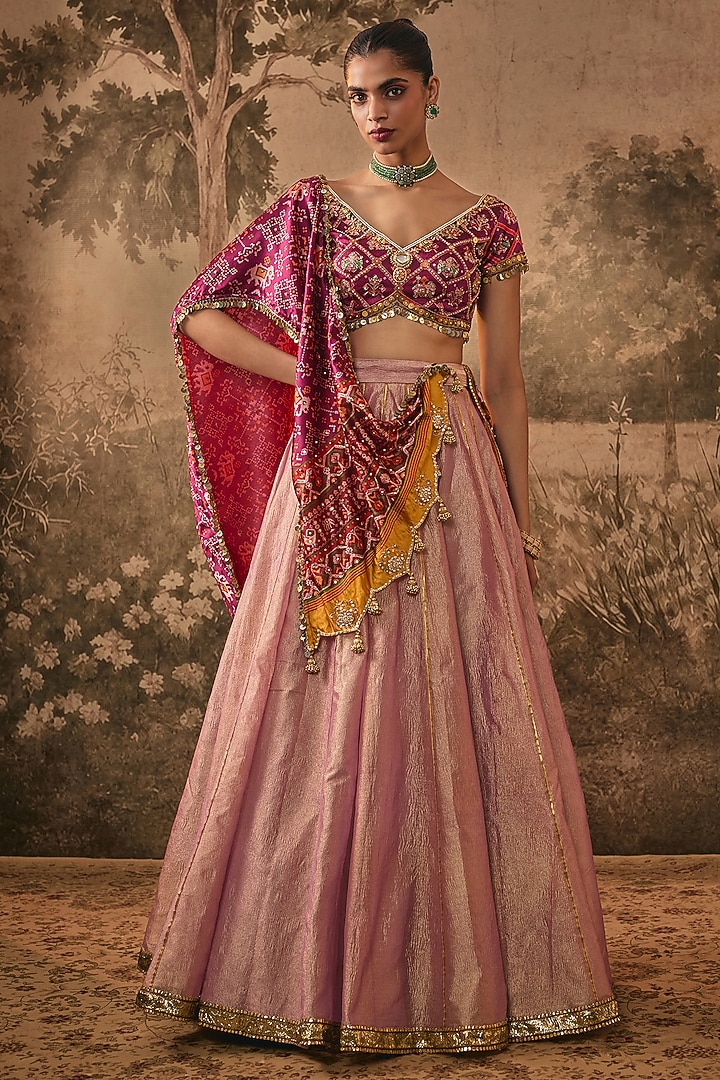Onion Pink Tissue Patola Embroidered Wedding Lehenga Set by VANA ETHNICS at Pernia's Pop Up Shop