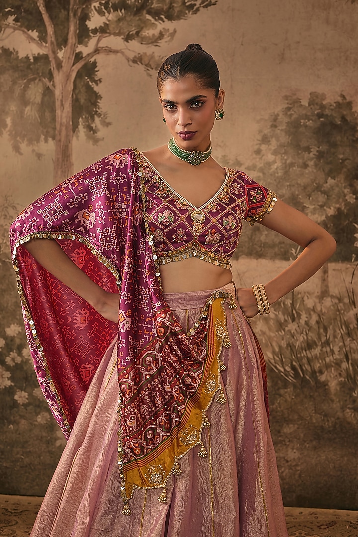 Onion Pink Tissue Patola Embroidered Wedding Lehenga Set by VANA ETHNICS at Pernia's Pop Up Shop