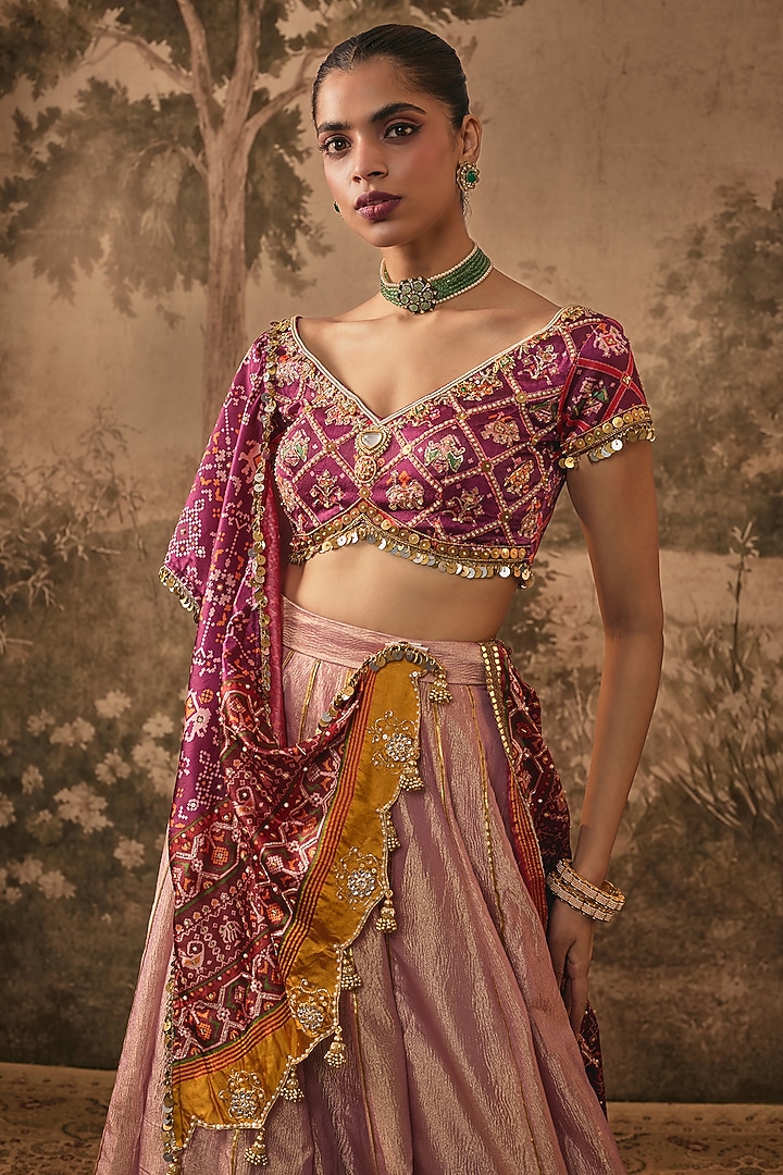 Onion Pink Tissue Patola Embroidered Wedding Lehenga Set by VANA ETHNICS at Pernia's Pop Up Shop