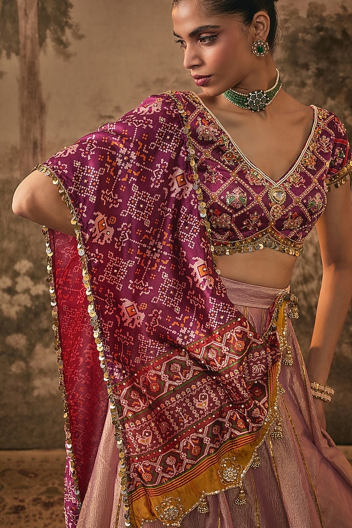Onion Pink Tissue Patola Embroidered Wedding Lehenga Set by VANA ETHNICS at Pernia's Pop Up Shop