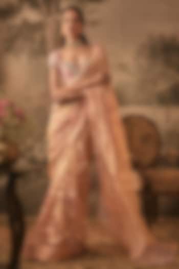 Blush Pink Tissue Silk Jewel Embroidered Wedding Saree Set by VANA ETHNICS at Pernia's Pop Up Shop