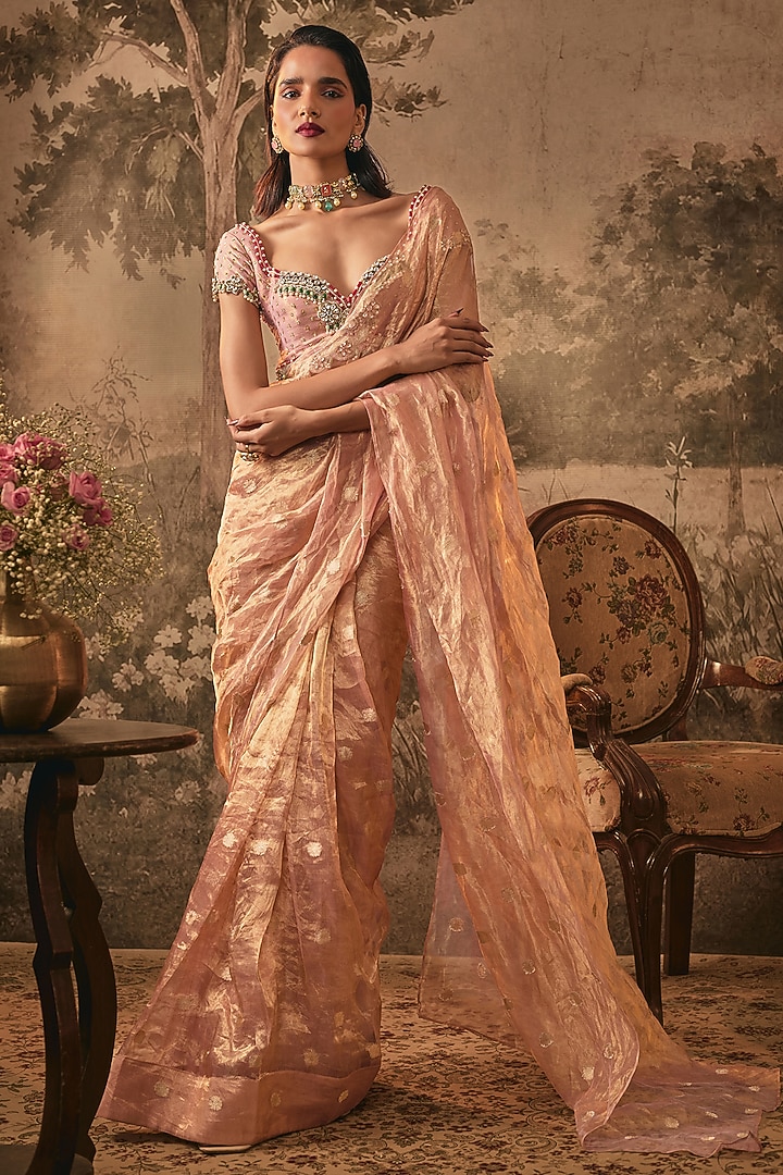 Blush Pink Tissue Silk Jewel Embroidered Wedding Saree Set by VANA ETHNICS at Pernia's Pop Up Shop