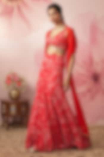 Red Lurex Chiffon Paisley Printed Wedding Lehenga Set by VANA ETHNICS at Pernia's Pop Up Shop