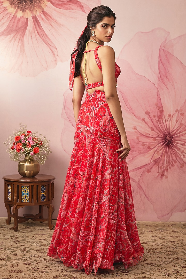Red Lurex Chiffon Paisley Printed Wedding Lehenga Set by VANA ETHNICS at Pernia's Pop Up Shop