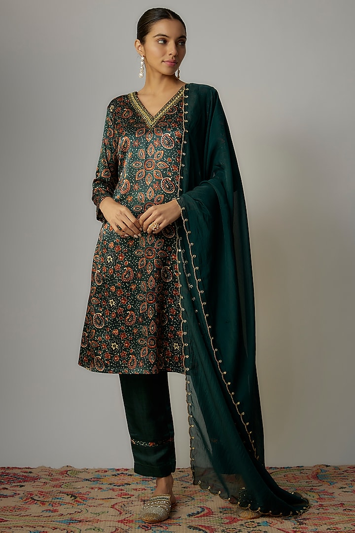 Teal Green Satin Hand Embroidered Angrakha Kurta Set by VANA ETHNICS at Pernia's Pop Up Shop