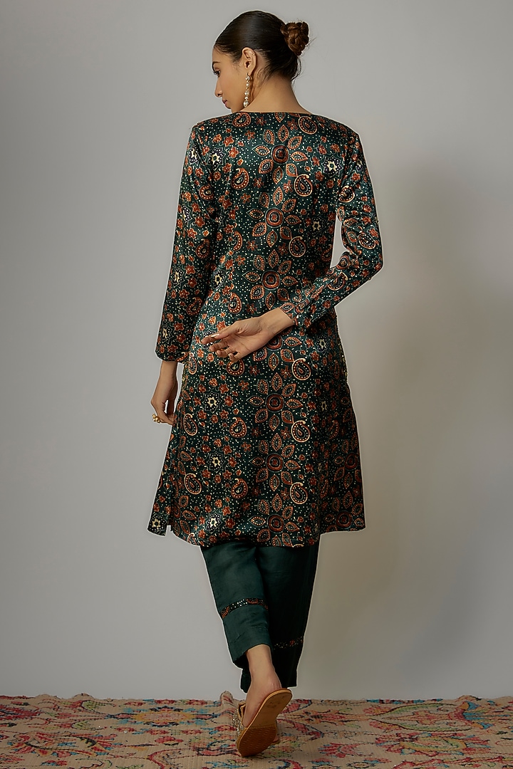 Teal Green Satin Hand Embroidered Angrakha Kurta Set by VANA ETHNICS at Pernia's Pop Up Shop