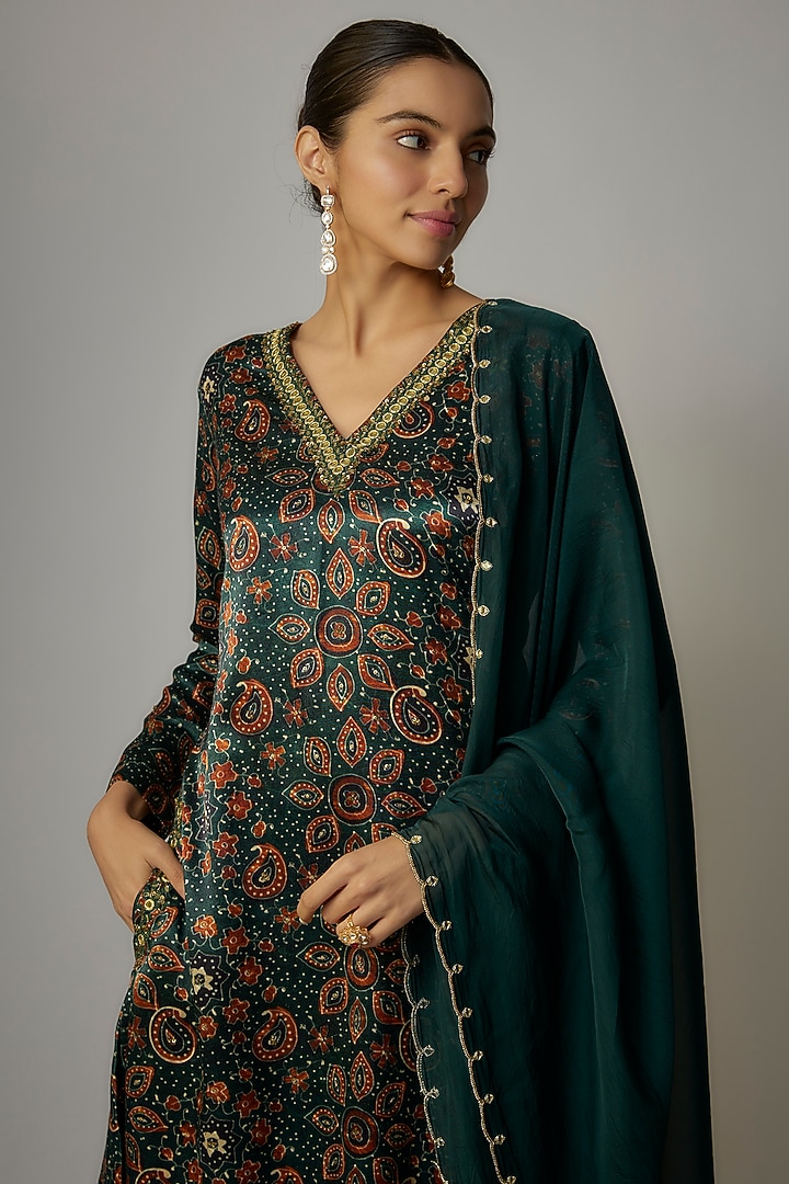 Teal Green Satin Hand Embroidered Angrakha Kurta Set by VANA ETHNICS at Pernia's Pop Up Shop