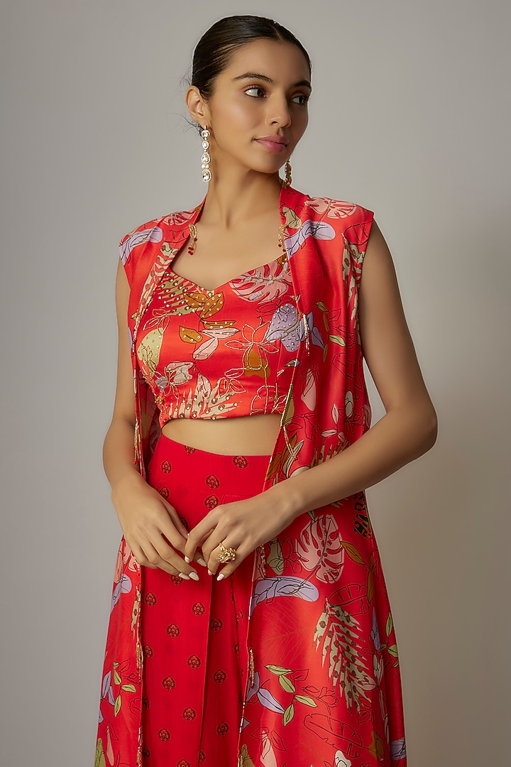 Red Viscose Hand Embroidered & Printed Cape Set by VANA ETHNICS at Pernia's Pop Up Shop
