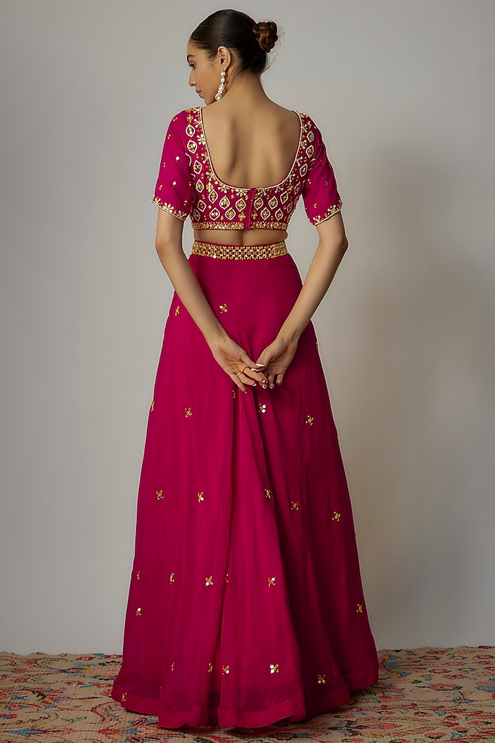 Pink Organza Thread & Mirror Embroidered Wedding Lehenga Set by VANA ETHNICS at Pernia's Pop Up Shop