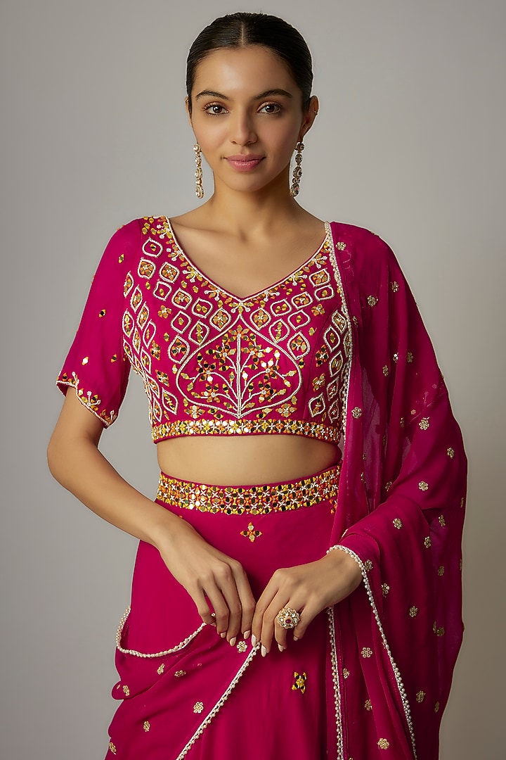 Pink Organza Thread & Mirror Embroidered Wedding Lehenga Set by VANA ETHNICS at Pernia's Pop Up Shop