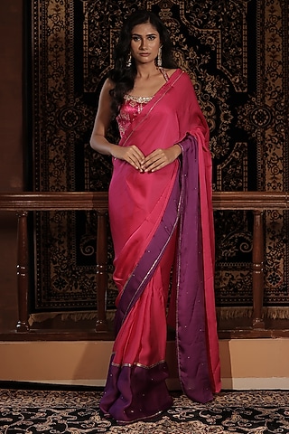 Pink Organza Satin Pita Work Saree Set by VANA ETHNICS