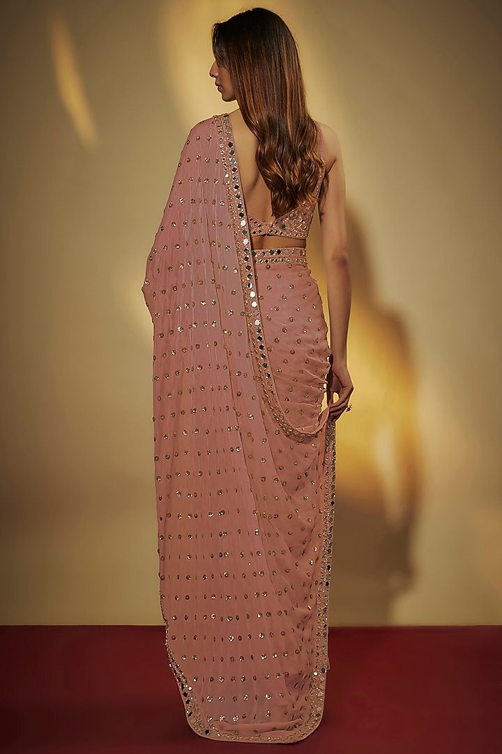 Dusty Rose Chinon Chiffon Mirror Embroidered Pre-Draped Wedding Saree Set by VANA ETHNICS at Pernia's Pop Up Shop