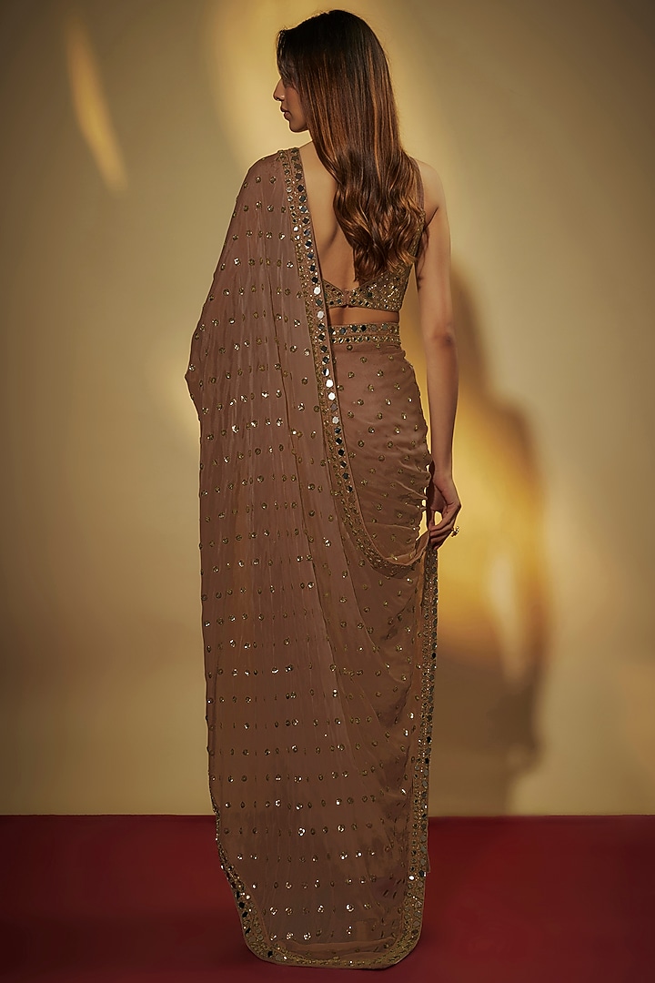 Mocha Brown Chinon Chiffon Mirror Embroidered Pre-Draped Wedding Saree Set by VANA ETHNICS at Pernia's Pop Up Shop