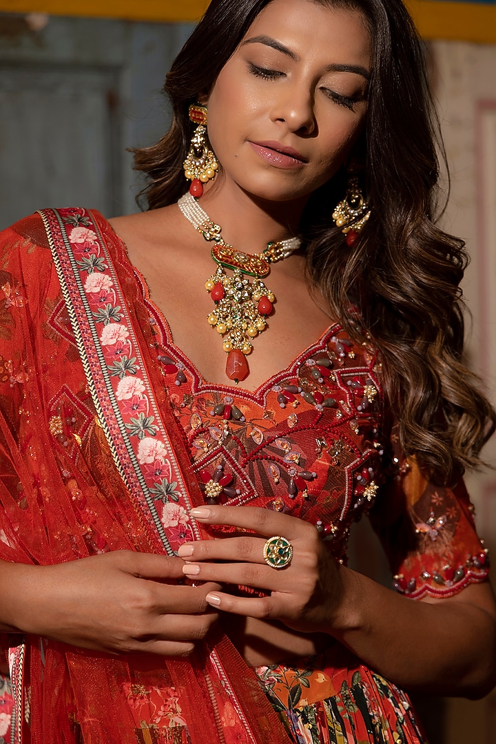 Rust Viscose Hand Crafted Wedding Lehenga Set by VANA ETHNICS at Pernia's Pop Up Shop