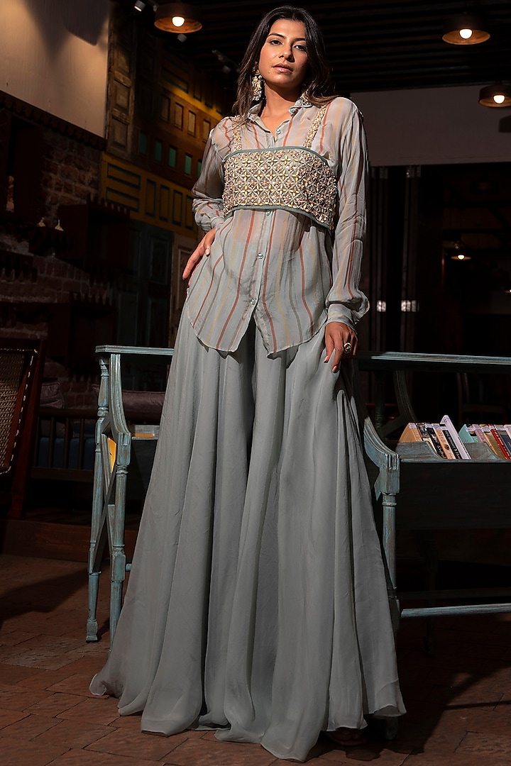 Ash Grey Embroidered Co-Ord Set by VANA ETHNICS
