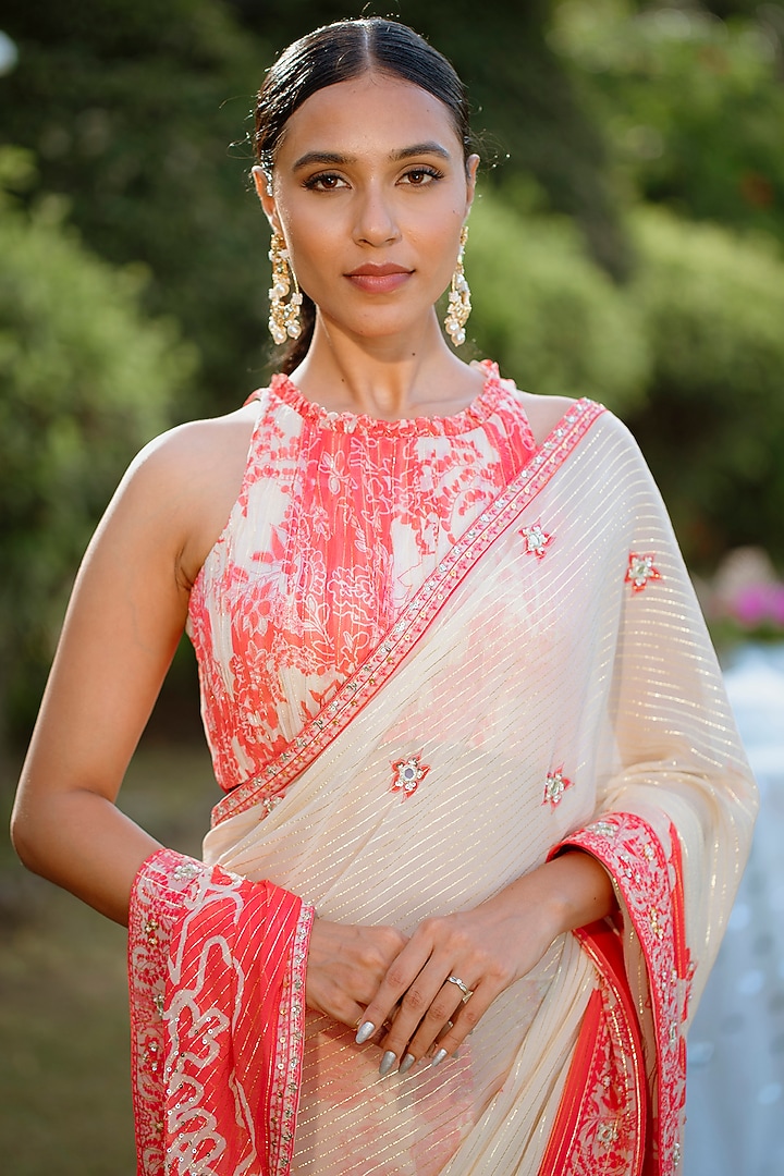 Red Viscose Georgette Digital Printed & Embroidered Wedding Saree Set by VANA ETHNICS at Pernia's Pop Up Shop
