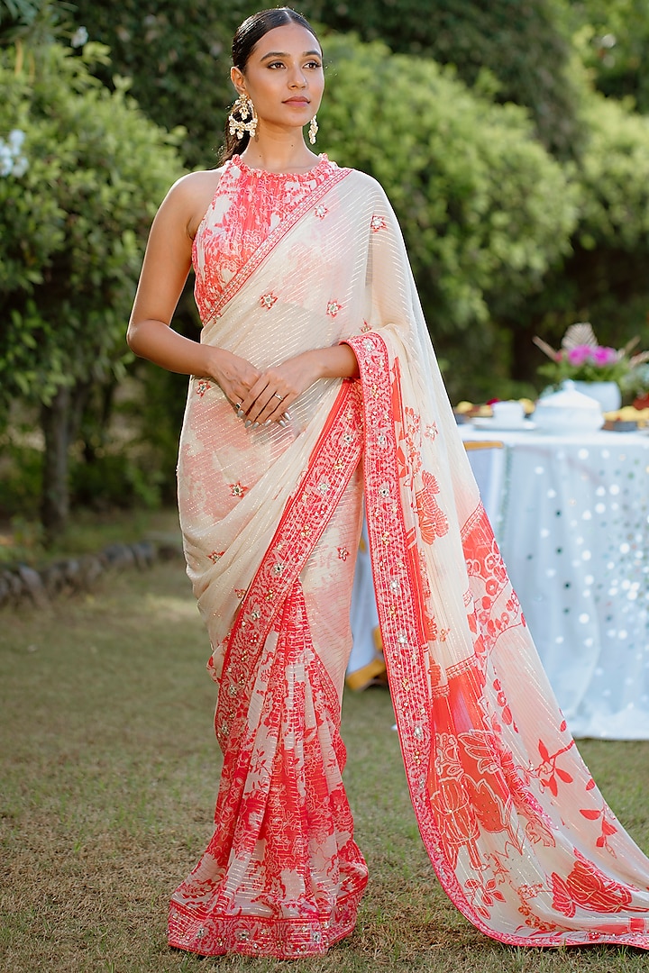 Red Viscose Georgette Digital Printed & Embroidered Wedding Saree Set by VANA ETHNICS at Pernia's Pop Up Shop