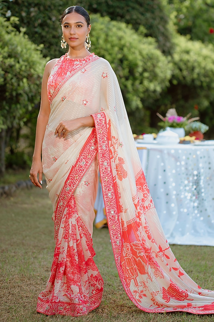 Red Viscose Georgette Digital Printed & Embroidered Wedding Saree Set by VANA ETHNICS at Pernia's Pop Up Shop
