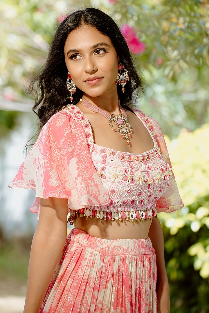 Pink Viscose Georgette Digital Printed Kalidar Wedding Lehenga Set by VANA ETHNICS at Pernia's Pop Up Shop