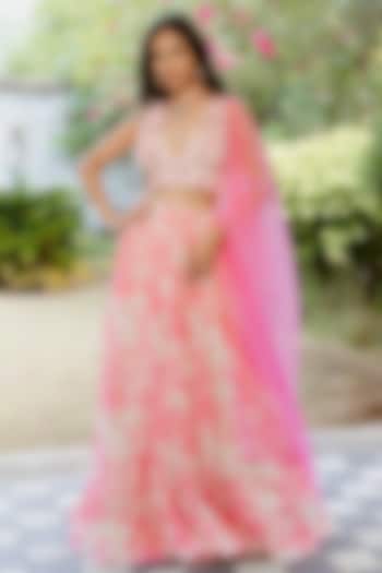 Pink Viscose Georgette Digital Printed Kalidar Wedding Lehenga Set by VANA ETHNICS at Pernia's Pop Up Shop