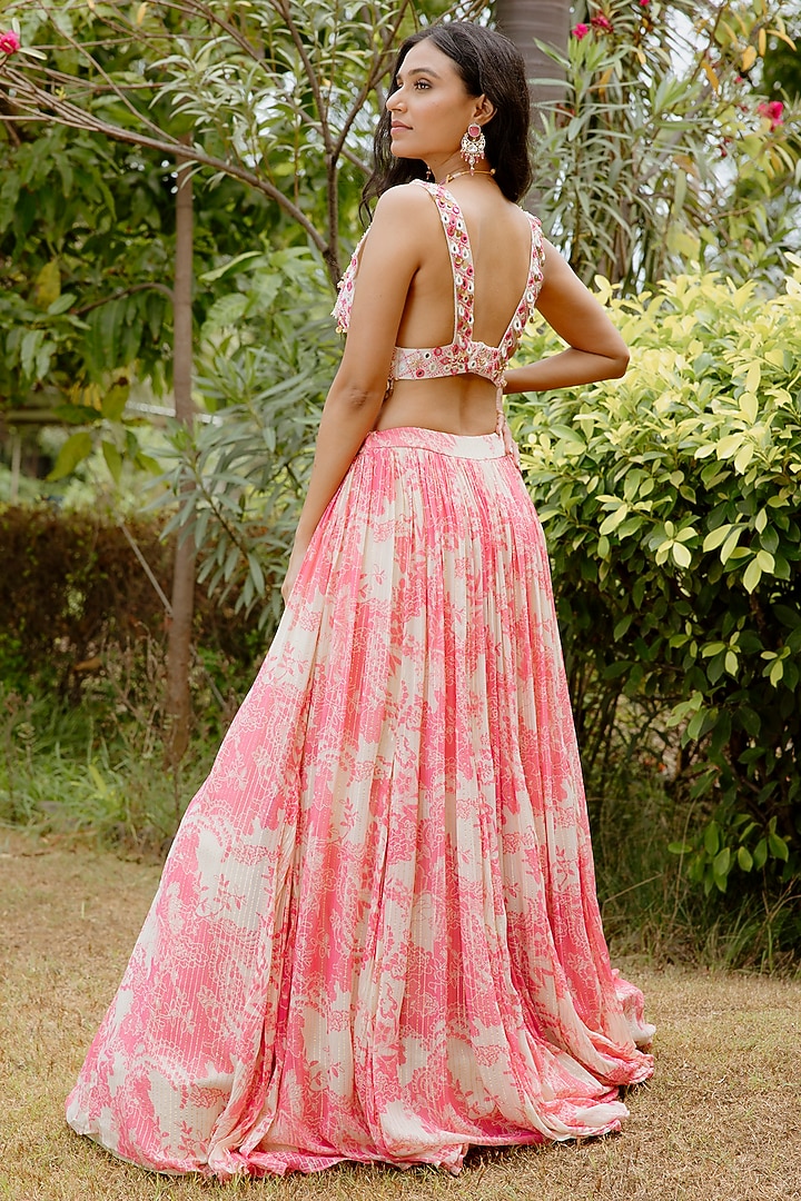 Pink Viscose Georgette Digital Printed Kalidar Wedding Lehenga Set by VANA ETHNICS at Pernia's Pop Up Shop