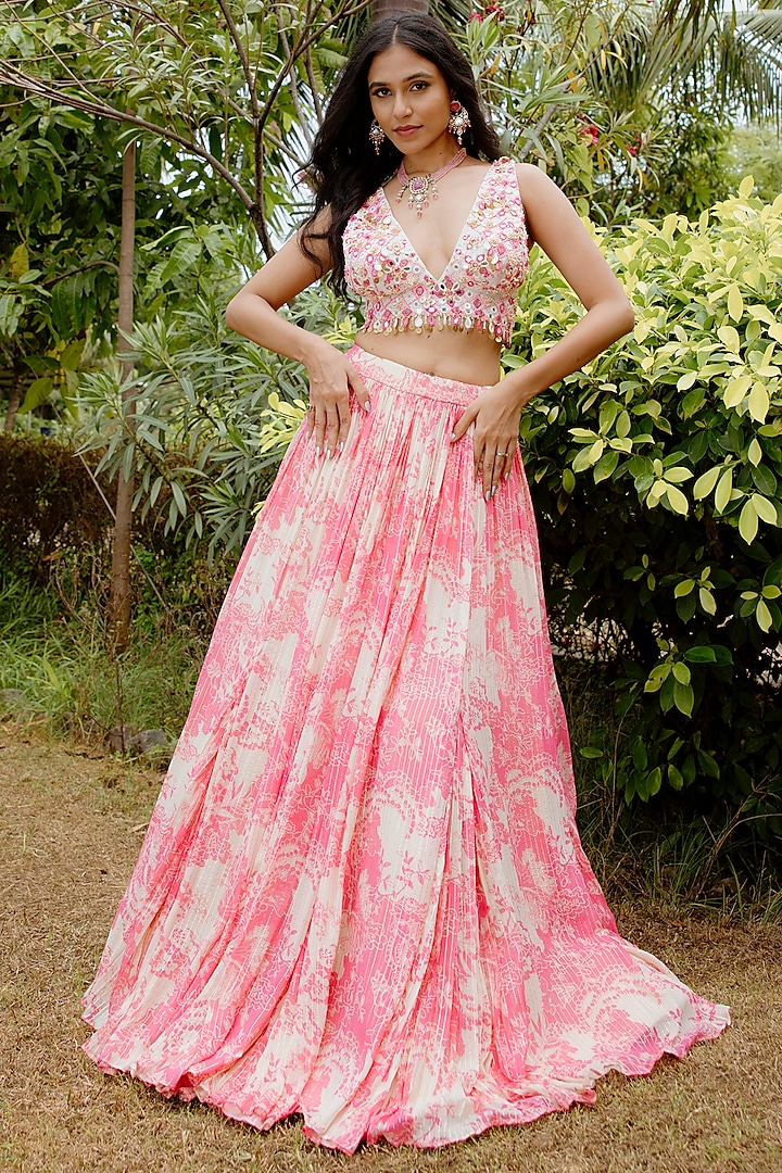 Pink Viscose Georgette Digital Printed Kalidar Wedding Lehenga Set by VANA ETHNICS at Pernia's Pop Up Shop