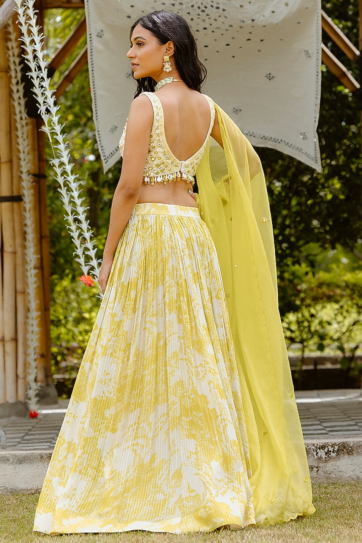 Yellow Viscose Georgette Digital Printed Gathered Wedding Lehenga Set by VANA ETHNICS at Pernia's Pop Up Shop
