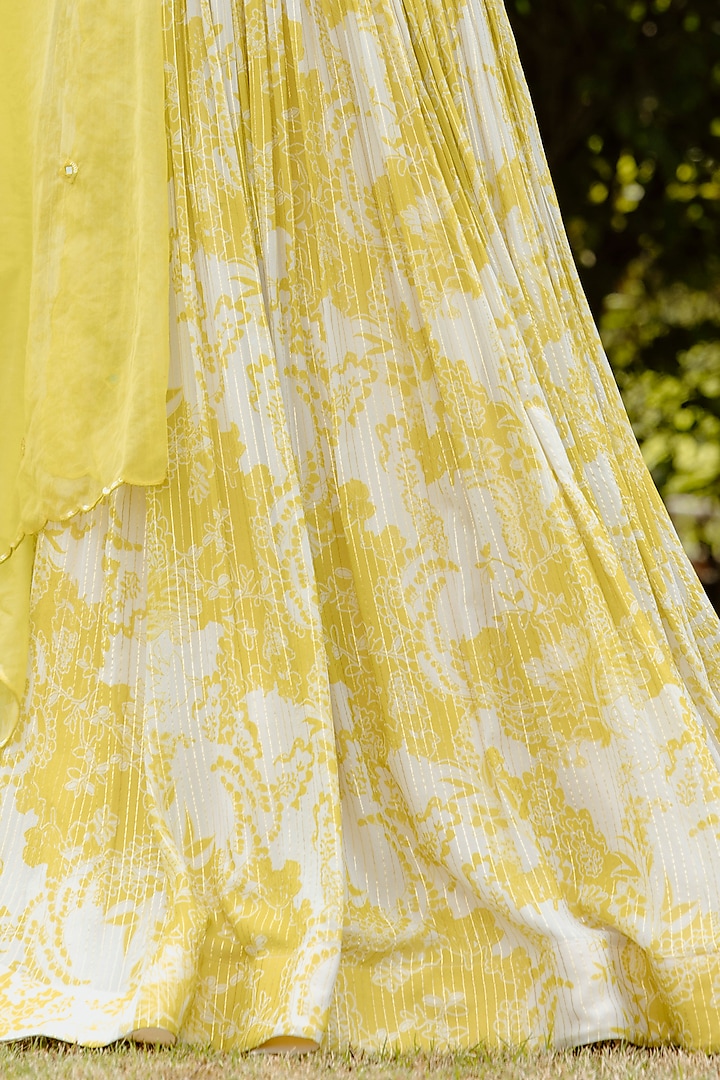Yellow Viscose Georgette Digital Printed Gathered Wedding Lehenga Set by VANA ETHNICS at Pernia's Pop Up Shop