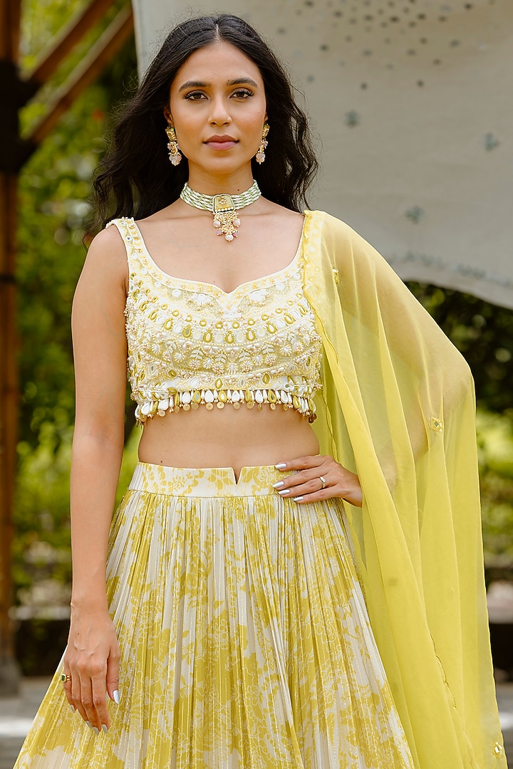 Yellow Viscose Georgette Digital Printed Gathered Wedding Lehenga Set by VANA ETHNICS at Pernia's Pop Up Shop