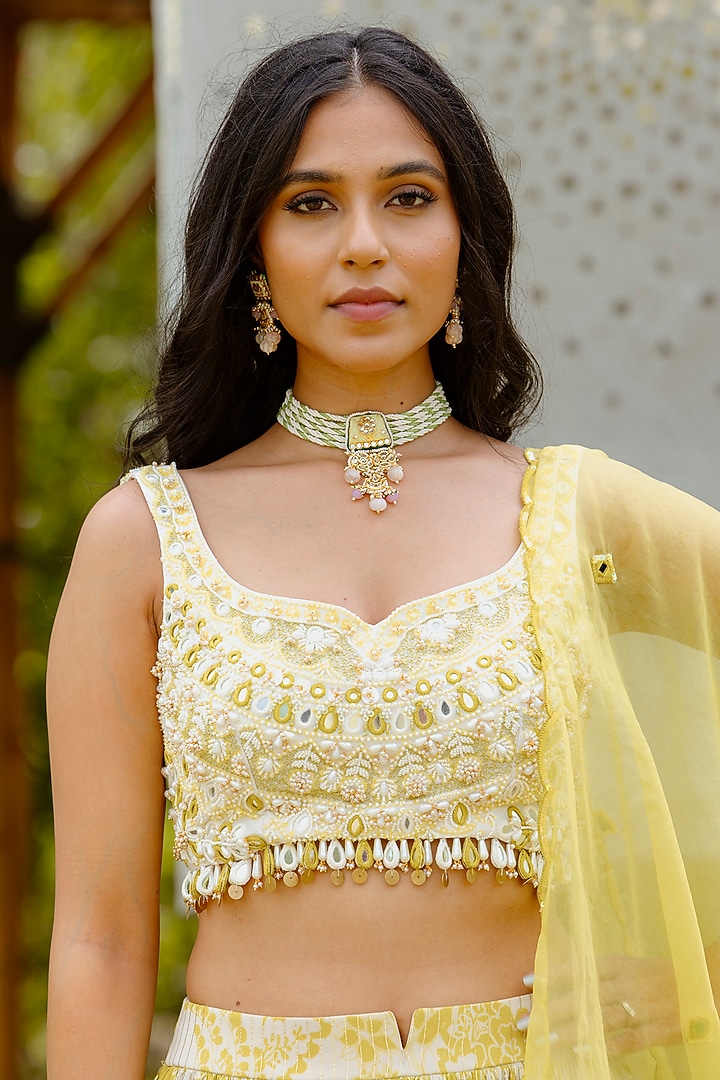 Yellow Viscose Georgette Digital Printed Gathered Wedding Lehenga Set by VANA ETHNICS at Pernia's Pop Up Shop